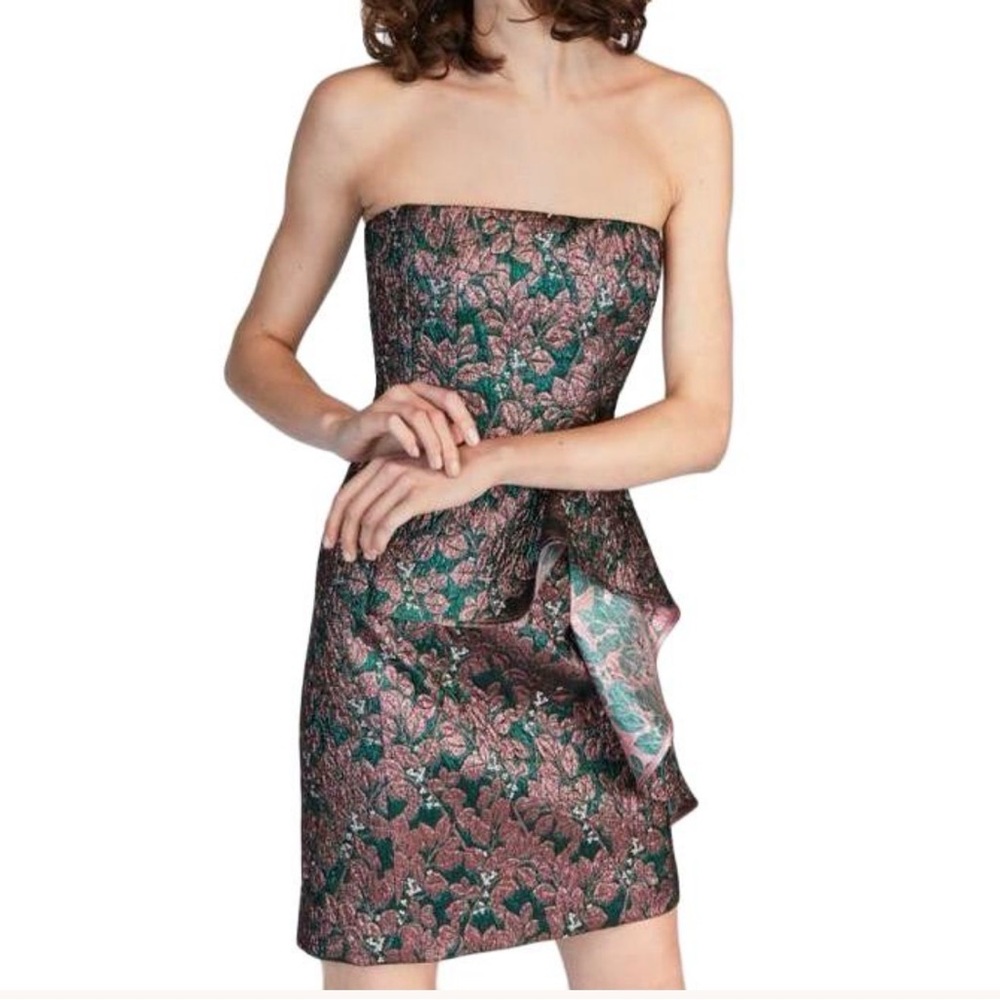 Tara Jarmon Strapless, Jacquard Corset Mini green/bronze/pink floral brocade, 8